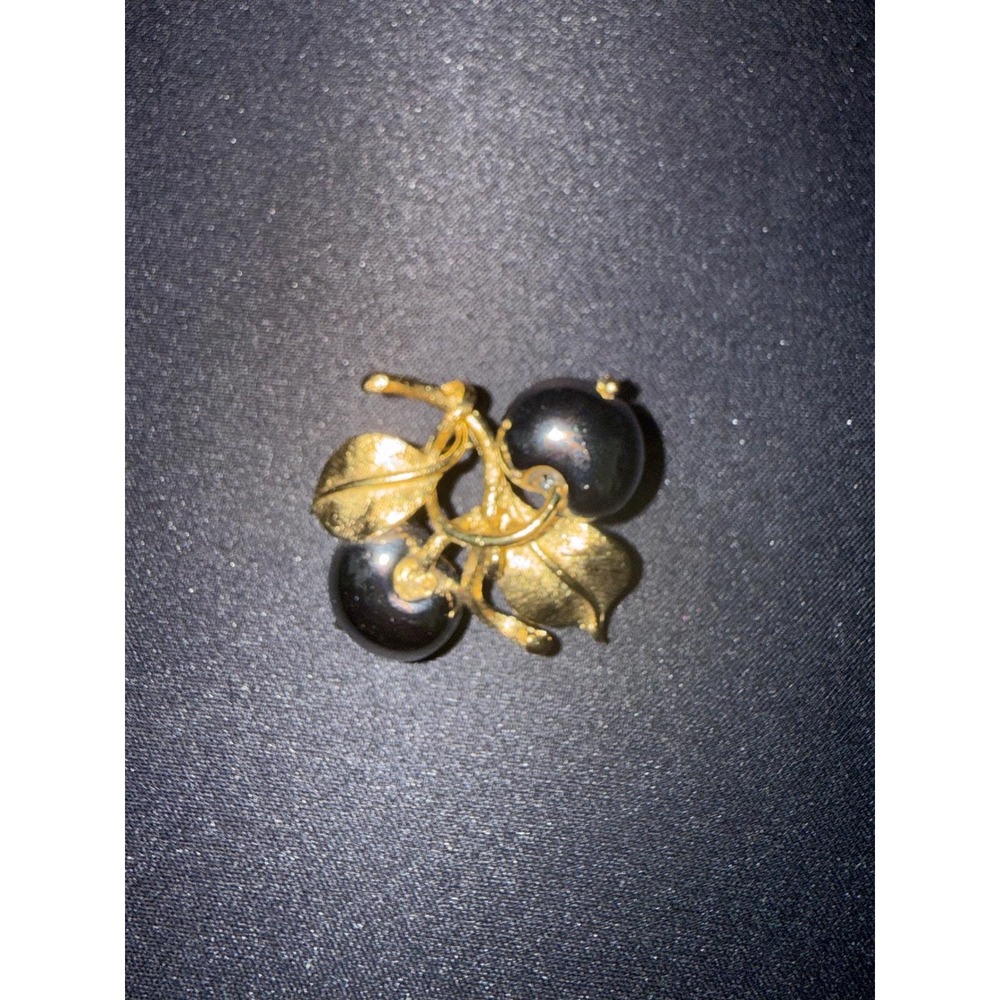 Joan Rivers Gold Tone Double Black Pearl Cherry Brooch Pin Vintage Style